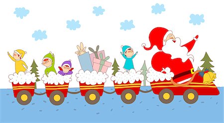 An illustration of Santa and his elves. Stockbilder - Premium RF Lizenzfrei, Bildnummer: 6111-06837323