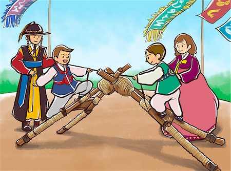 An illustration showing a Korean family engaging in a traditional activity. Stock Photo - Premium Royalty-Free, Code: 6111-06837457