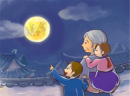 pleine lune - An illustration showing a Korean family engaging in a traditional activity. Photographie de stock - Premium Libres de Droits, Code: 6111-06837469