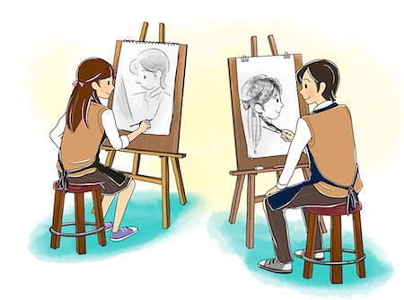 people stool - Boy and girl doing painting Stock Photo - Premium Royalty-Free, Code: 6111-06837498