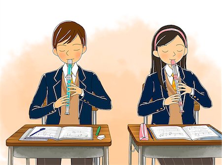 School boy and girl playing flute in classroom Foto de stock - Sin royalties Premium, Código: 6111-06837499