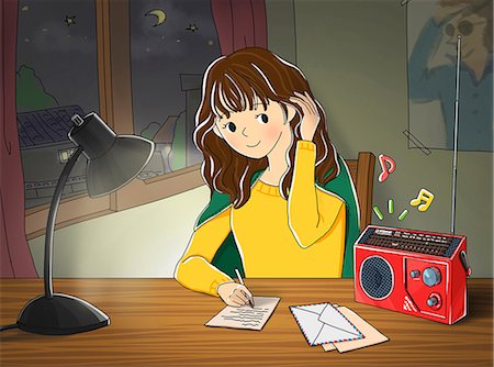 Girl listening music and writing letter Foto de stock - Sin royalties Premium, Código: 6111-06837543