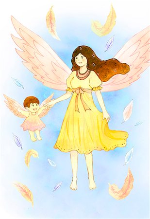 Illustration of angel mother with daughter Foto de stock - Sin royalties Premium, Código: 6111-06837584