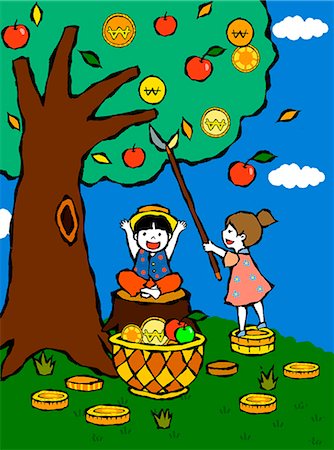 Children plucking apples and coins from tree Stock Photo - Premium Royalty-Free, Code: 6111-06837599