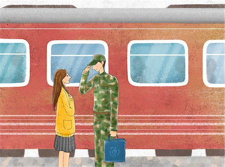 spouse - Couple on railway station, man in soldier uniform Foto de stock - Sin royalties Premium, Código: 6111-06837519