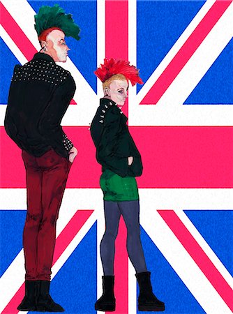 Fashion models standing against british flag Photographie de stock - Premium Libres de Droits, Code: 6111-06837641