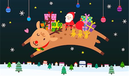 Santa Claus with gingerbread man and gift boxes flying with reindeer Stock Photo - Premium Royalty-Free, Code: 6111-06837683