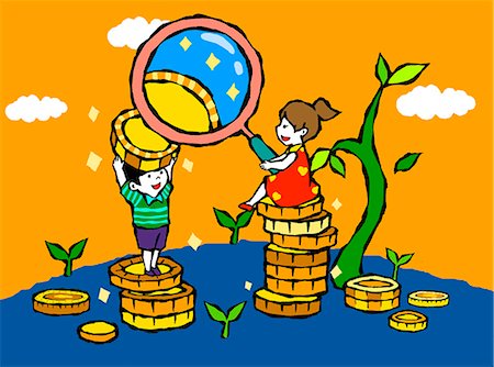 planting money - Children playing with coins and magnifying glass Stock Photo - Premium Royalty-Free, Code: 6111-06837603