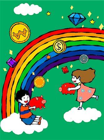 simsearch:614-06168944,k - Children on clouds holding piggy bank, rainbow in background Foto de stock - Sin royalties Premium, Código: 6111-06837620