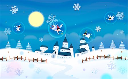 simsearch:6111-06837739,k - Angels flying over houses, church and winter landscape Photographie de stock - Premium Libres de Droits, Code: 6111-06837740