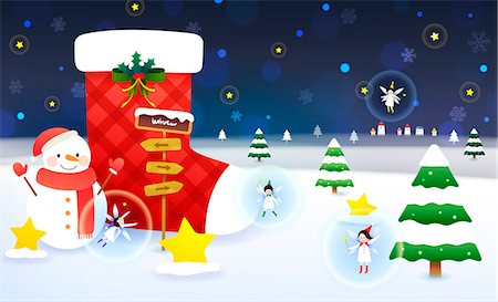 snowman snow angels - Angels, christmas stocking and snowman on winter landscape Stock Photo - Premium Royalty-Free, Code: 6111-06837742