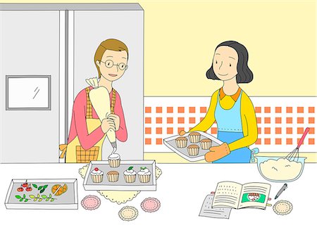 simsearch:6111-06837824,k - An illustration showing two friends baking cupcakes. Photographie de stock - Premium Libres de Droits, Code: 6111-06837799