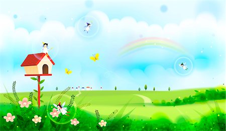 simsearch:400-05913273,k - Angel and butterfly flying in field Fotografie stock - Premium Royalty-Free, Codice: 6111-06837710
