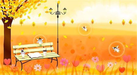 Angels, open book and disposable cup on bench in autumn park Foto de stock - Sin royalties Premium, Código: 6111-06837730