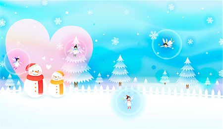 snowman snow angels - Angels flying above snow beside snowman Stock Photo - Premium Royalty-Free, Code: 6111-06837736