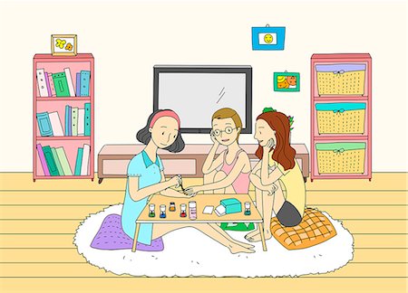 simsearch:6111-06838267,k - An illustration showing three friends paiting their nails. Stock Photo - Premium Royalty-Free, Code: 6111-06837804