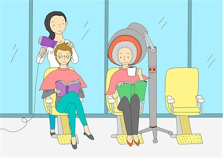 simsearch:6111-06837824,k - An illustration showing two friends at a hair salon. Photographie de stock - Premium Libres de Droits, Code: 6111-06837805