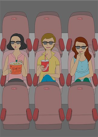 simsearch:6111-06837824,k - An illustration showing three friends at the movies. Photographie de stock - Premium Libres de Droits, Code: 6111-06837818