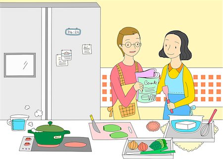 simsearch:6111-06837824,k - An illustration showing two friends cooking a meal. Photographie de stock - Premium Libres de Droits, Code: 6111-06837823