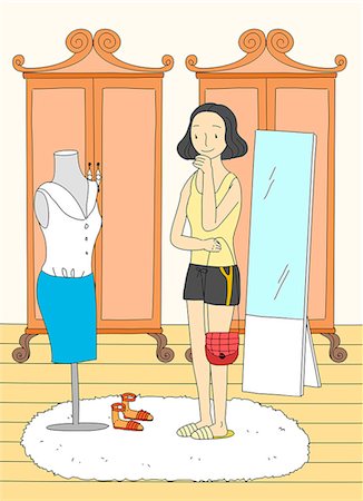 simsearch:6111-06838274,k - An illustration showing a woman trying on clothes. Photographie de stock - Premium Libres de Droits, Code: 6111-06837822