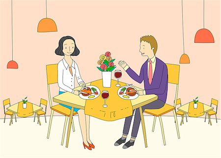 simsearch:6111-06838274,k - An illustration showing two friends having dinner. Photographie de stock - Premium Libres de Droits, Code: 6111-06837824