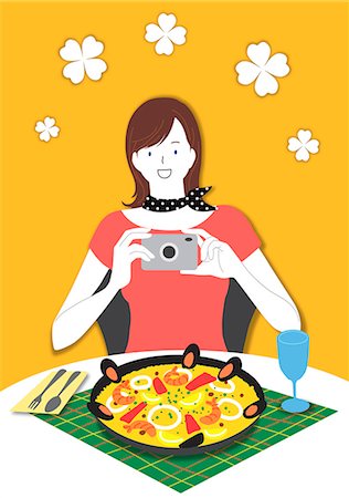 paella - Woman photographing plate of paella Fotografie stock - Premium Royalty-Free, Codice: 6111-06837912