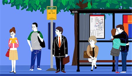 queued - People waiting for bus on bus stop Stock Photo - Premium Royalty-Free, Code: 6111-06838108