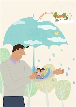 Father and children under umbrella Photographie de stock - Premium Libres de Droits, Code: 6111-06838353