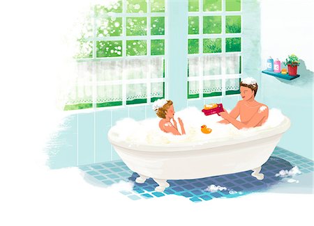 An illustration showing a family in a bathtub. Stock Photo - Premium Royalty-Free, Code: 6111-06838370