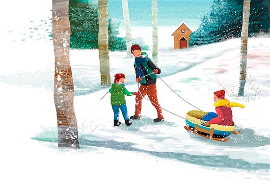 An illustration showing a family sledding. Photographie de stock - Premium Libres de Droits, Le code de l’image : 6111-06838381