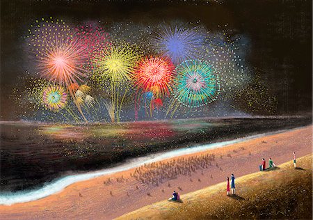 exploding (ignited explosion) - People watching firework display at beach Stock Photo - Premium Royalty-Free, Code: 6111-06838468