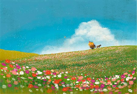 picture of man riding a cart - Man riding cart on hill with flowers in foreground Stock Photo - Premium Royalty-Free, Code: 6111-06838477