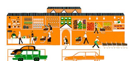 supermarket car - Illustration of busy shopping market Stock Photo - Premium Royalty-Free, Code: 6111-06838495
