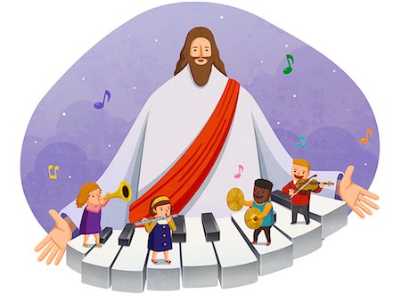 children playing musical instruments with jesus christ in background Stock Photo - Premium Royalty-Free, Code: 6111-06838681