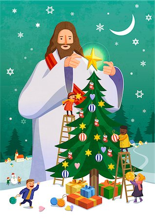 Jesus christ decorating christmas tree with children Stock Photo - Premium Royalty-Free, Code: 6111-06838687