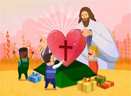 religious illustration - Jesus christ huge heart gift to children Stock Photo - Premium Royalty-Free, Code: 6111-06838686
