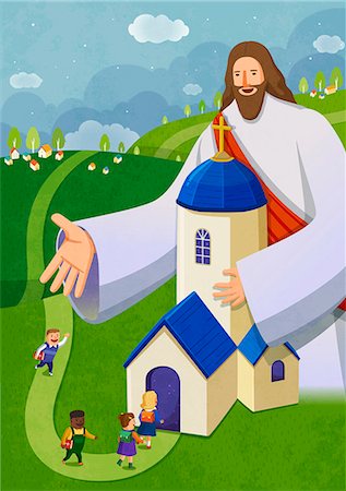 people walking in to church illustration - Children going towards church with jesus behind Stock Photo - Premium Royalty-Free, Code: 6111-06838692