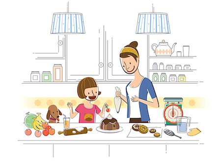 dogs and woman in kitchen - Mother with daughter preparing cake in kitchen Stock Photo - Premium Royalty-Free, Code: 6111-06838738