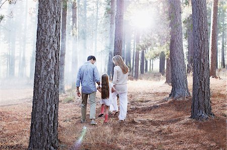 family walk sunshine - Family holding hands and walking in sunny woods Stock Photo - Premium Royalty-Free, Code: 6113-06498042