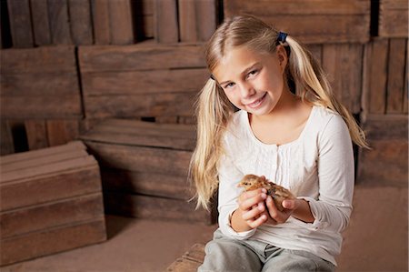 simsearch:614-08880760,k - Portrait of smiling girl holding chick in barn Foto de stock - Royalty Free Premium, Número: 6113-06498051