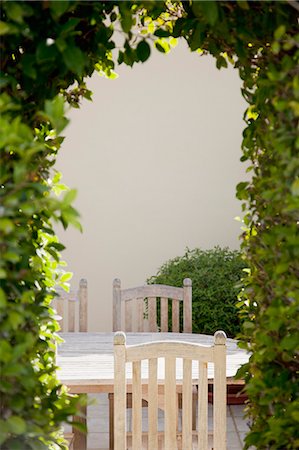 View of patio table through vine-covered pergola Stock Photo - Premium Royalty-Free, Code: 6113-06498308