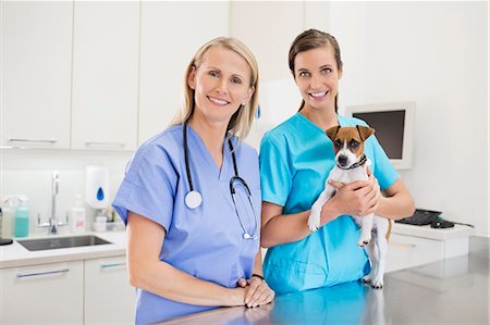 simsearch:6113-06626488,k - Veterinarians holding dog in vet's surgery Foto de stock - Royalty Free Premium, Número: 6113-06626453