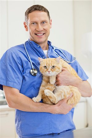 simsearch:6113-06626482,k - Veterinarian holding cat in vet's surgery Foto de stock - Royalty Free Premium, Número: 6113-06626478