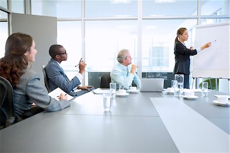 simsearch:649-03769404,k - Businesswoman at flipchart leading meeting in conference room Stock Photo - Premium Royalty-Free, Code: 6113-06899155