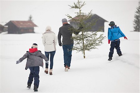 father son walking in field - Family carrying fresh Christmas tree in snowy field Stock Photo - Premium Royalty-Free, Code: 6113-06899451