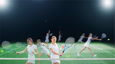 palla da tennis - Multiple exposures of tennis player on court Fotografie stock - Premium Royalty-Free, Codice: 6113-06909280