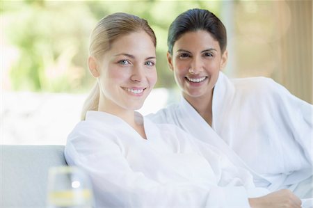 food people health - Portrait of smiling women in bathrobes at spa Stock Photo - Premium Royalty-Free, Code: 6113-07147350