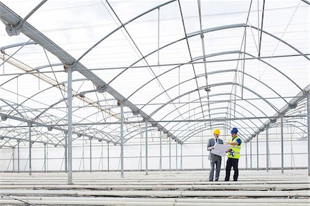 Architect and engineer reviewing blueprint in empty greenhouse Foto de stock - Sin royalties Premium, Código: 6113-07589160
