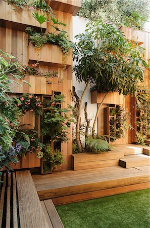 simsearch:6113-07542647,k - Trees and plants growing along wooden courtyard Stock Photo - Premium Royalty-Free, Code: 6113-07648912