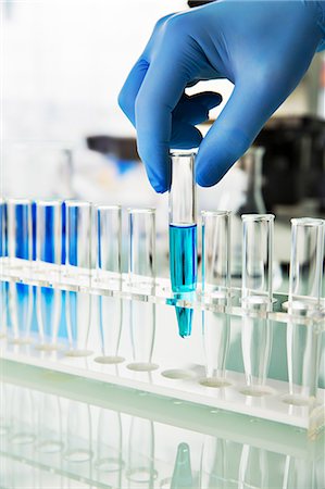 solution (mixture of substances) - Scientist picking test tube out of rack on counter in lab Stock Photo - Premium Royalty-Free, Code: 6113-07790356